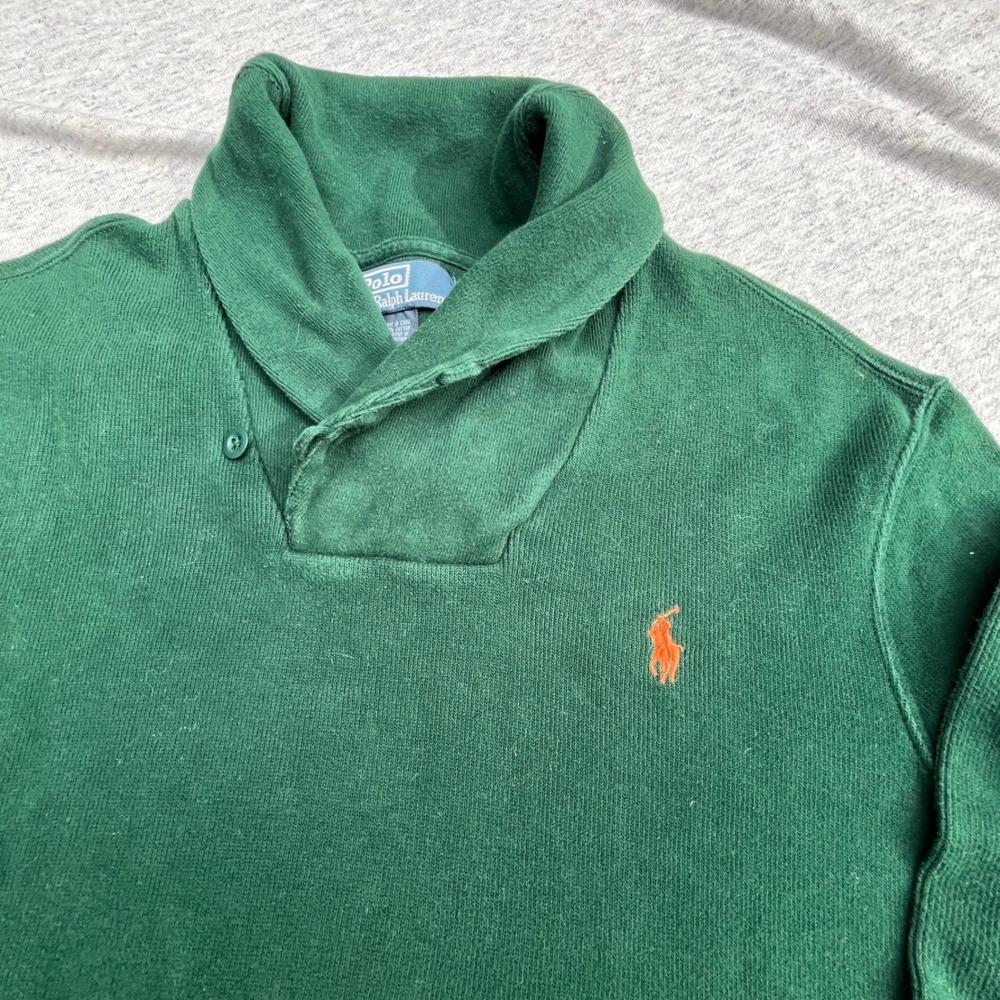 Polo Ralph Lauren Mens Shawl Collar Sweatshirt Green Orange Pony Large PO 89549